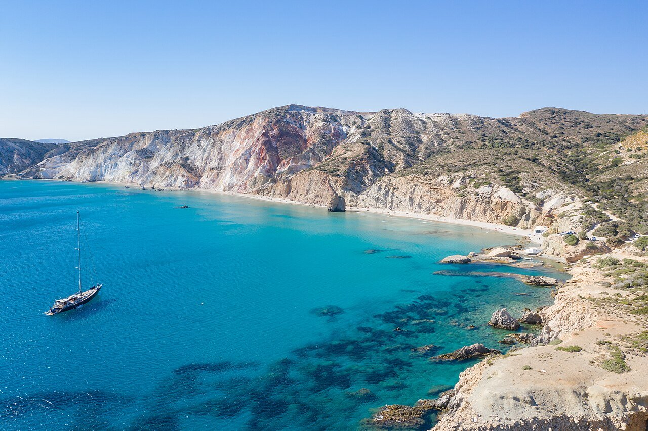 Aerial view of the landscape near Paralia Firiplaka on Milos Island, Greece