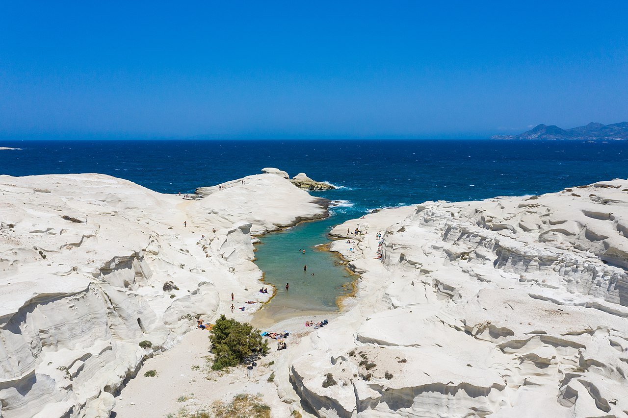 Sarakiniko Beach on Milos Island, Greece with a view of the Aegean Sea